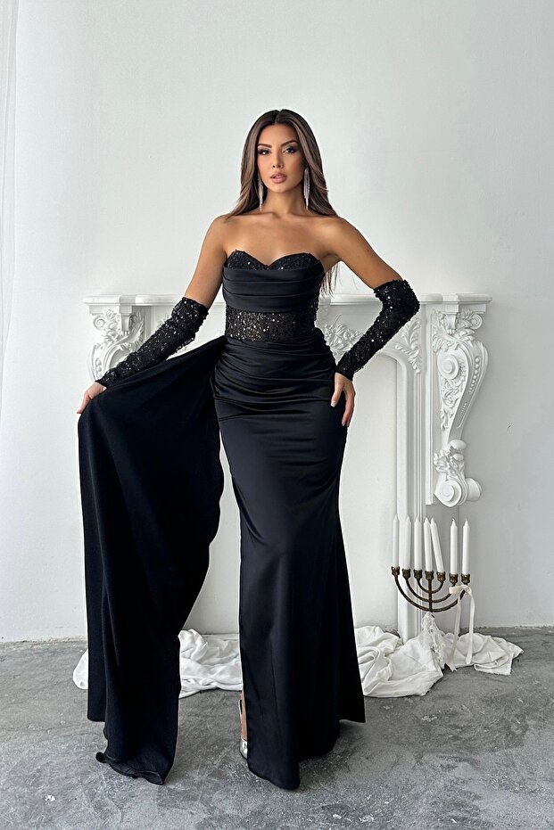 Sheer and Sleeve Detail Embellished Elegant Satin Design Evening Dress