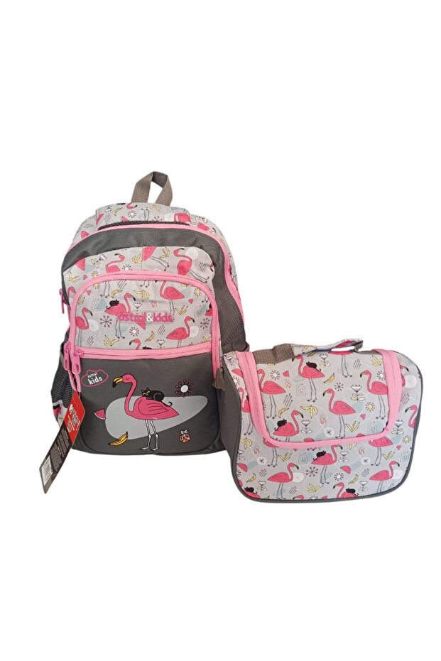 Kids Flamingo Themed 2-Compartment Elementary School Bag Set of 2 – with Lunch Bag