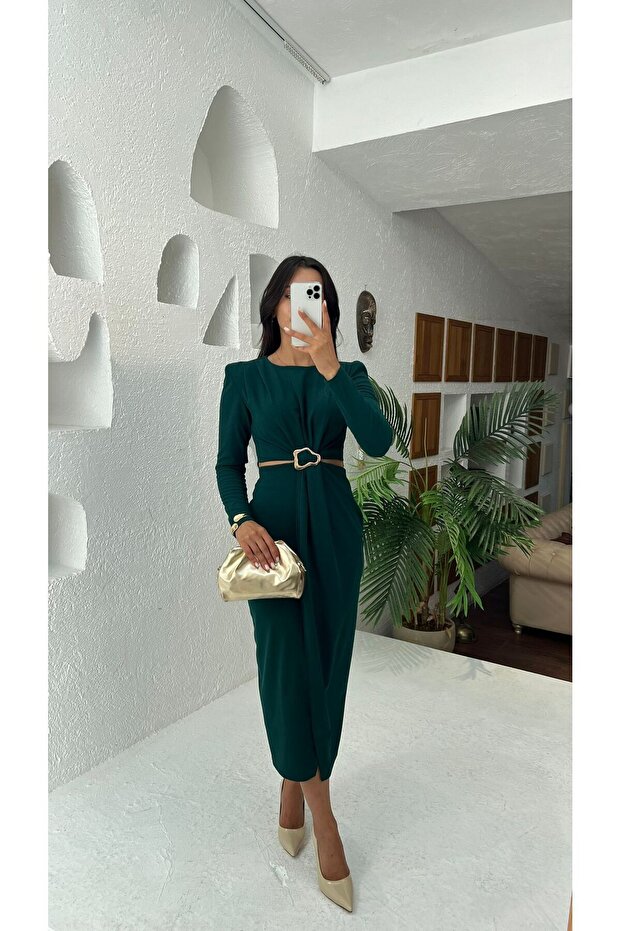 Low Waist Front Slit Long Sleeve Knitted Crepe Dress