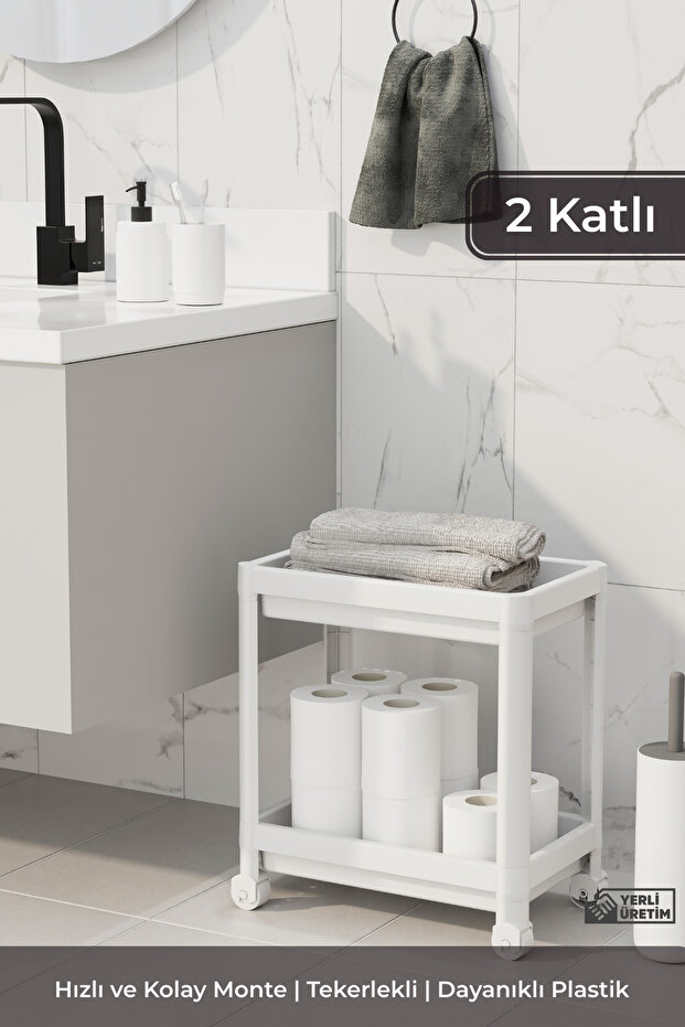 White 2-Tier Wheeled Bathroom Organizer Shelf System