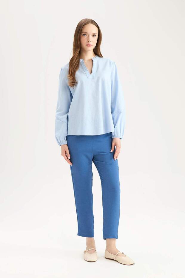 Regular Fit Bisiklet Yaka Flamlı Pamuk Uzun Kollu Bluz D8809AX25SP - 2