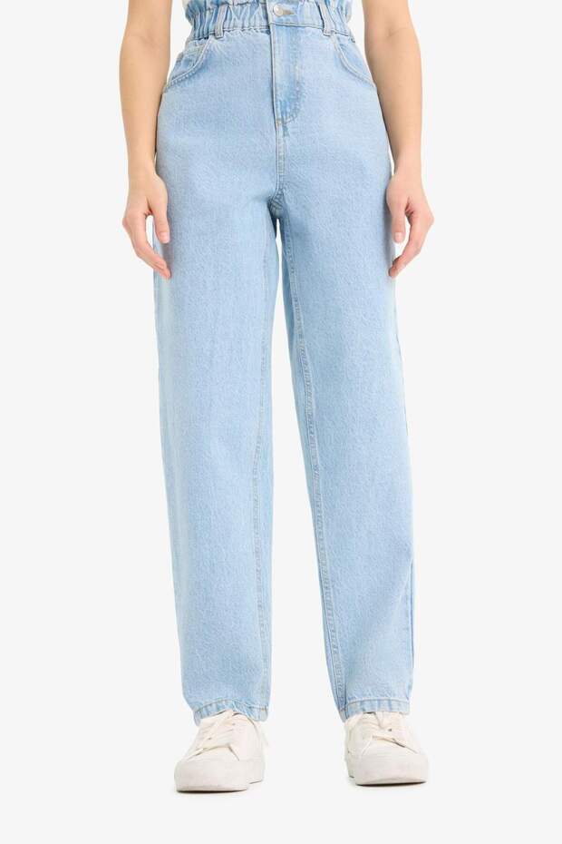 Paperbag Yüksek Bel Düz Paça Uzun Jean Kar Yıkamalı Pantolon E7760AX25AU - 4