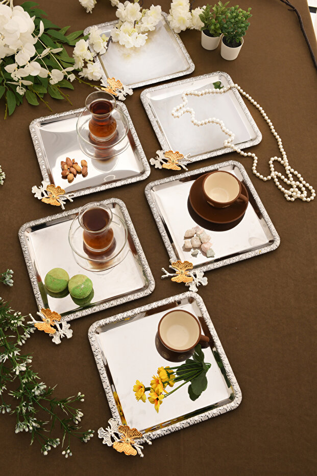 Maren Stainless Square Patterned Butterfly Detailed Presentation Tray Silver Set of 6