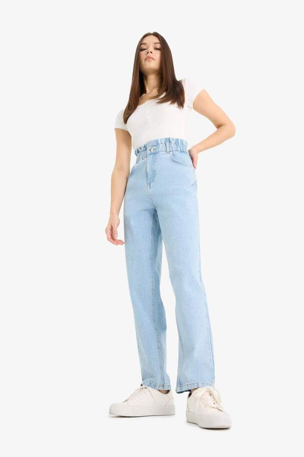 Paperbag Yüksek Bel Düz Paça Uzun Jean Kar Yıkamalı Pantolon E7760AX25AU - 2