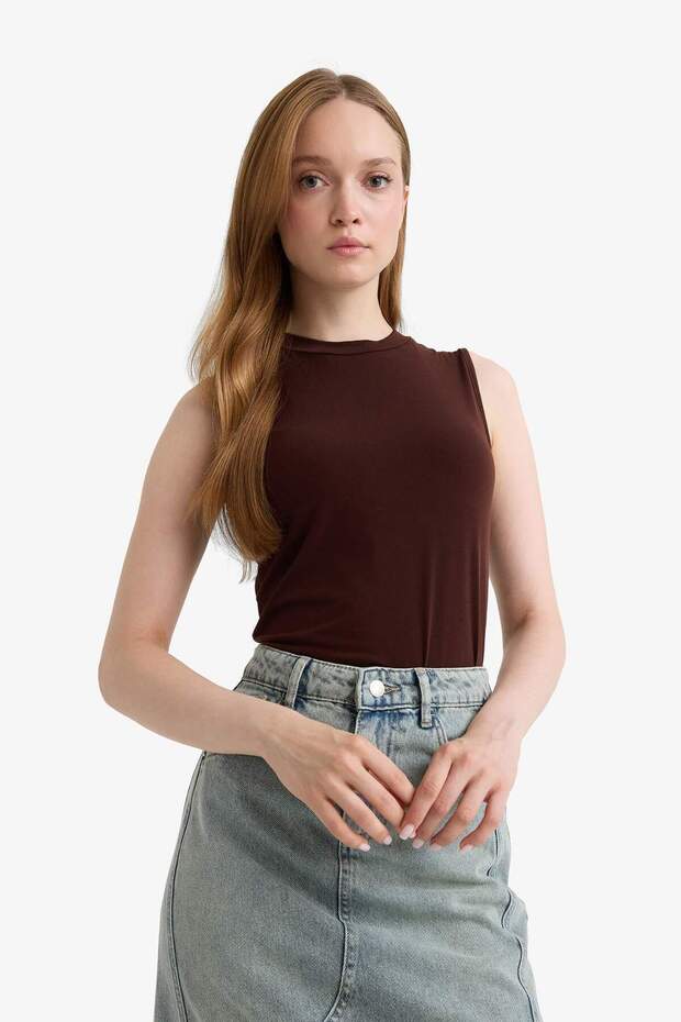 Regular Fit Yarım Bisiklet Yaka Basic Düz Kolsuz Tunik F9755AX25HS - 5