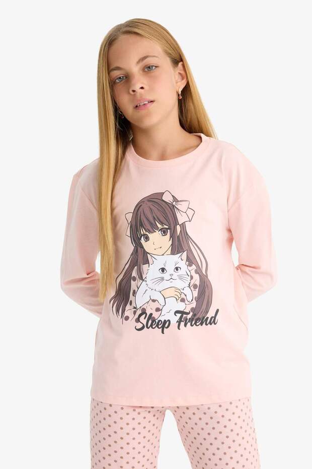 Kız Çocuk Pijama Takımı Baskılı Uzun Kollu Üst Desenli Uzun Alt F6169A825AU - 4
