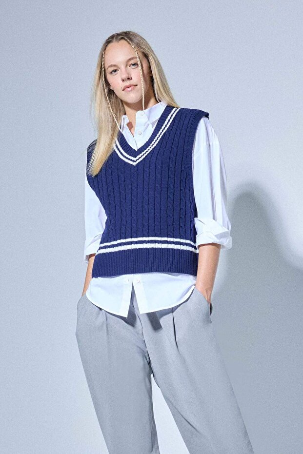 Coool Regular Fit V Yaka Saç Örgü Desenli Triko Süveter D4686AX25WN - 1