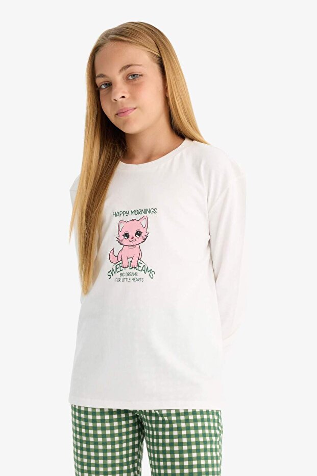 Kız Çocuk Pijama Takımı Baskılı Uzun Kollu Üst Kareli Uzun Alt F1083A825AU - 3