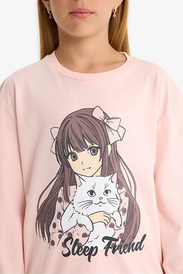 Kız Çocuk Pijama Takımı Baskılı Uzun Kollu Üst Desenli Uzun Alt F6169A825AU - 5