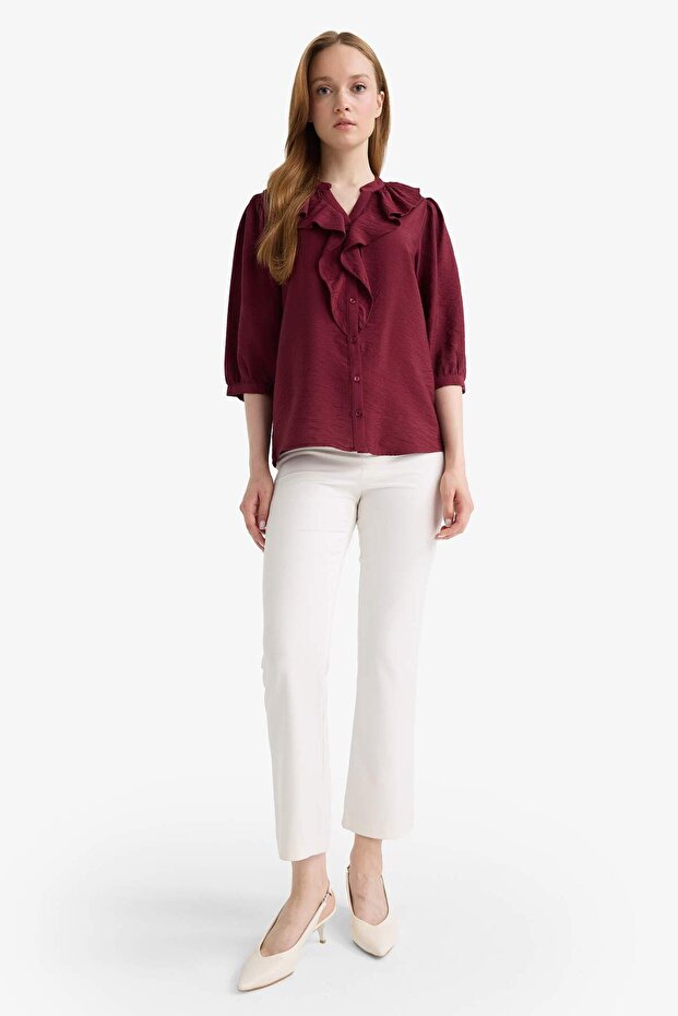 Regular Fit Bisiklet Yaka Volanlı Uzun Kollu Gömlek E9922AX25AU - 2