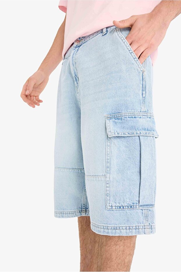 %100 Pamuk Kargo Fit Jean Bermuda Şort F4219AX25SM - 5