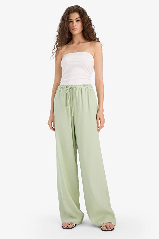Wide Leg Double Pockets Elastic Waist Standard Length Linen Blend Trousers E1981Ax25Sm
