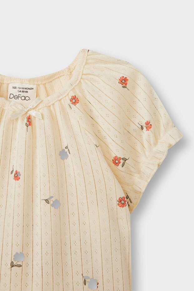 Kız Bebek Pijama Takımı Çiçekli Kısa Kollu Ribana Üst Beli Lastikli Şort E1552A525HS - 3