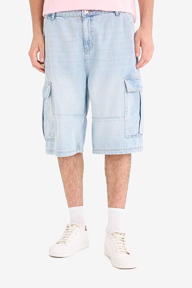 %100 Pamuk Kargo Fit Jean Bermuda Şort F4219AX25SM - 4