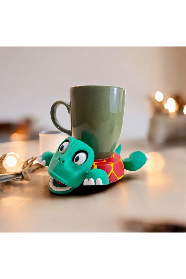 Cute Fanatic Turtle Coaster – Animated and Fun Mug Coaster (Red-Yellow Striped)