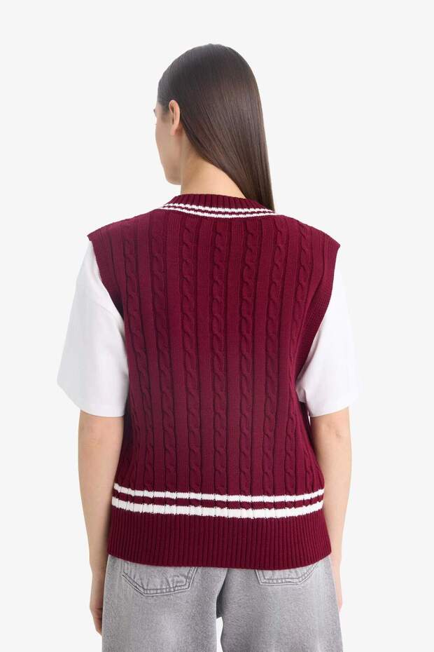 Coool Regular Fit V Yaka Saç Örgü Desenli Triko Süveter D4686AX25WN - 7
