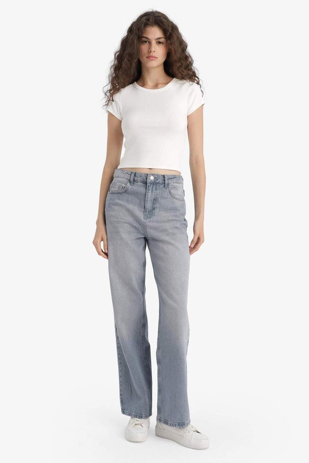 100% Cotton 90's Wide Leg High Waist Long Jean Washed Trousers F6336Ax25Hs