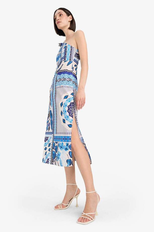 Regular Fit Tropikal Desenli Tek Omuzlu Poplin Plaj Elbisesi-Fall in Love F6296AX25HS - 3