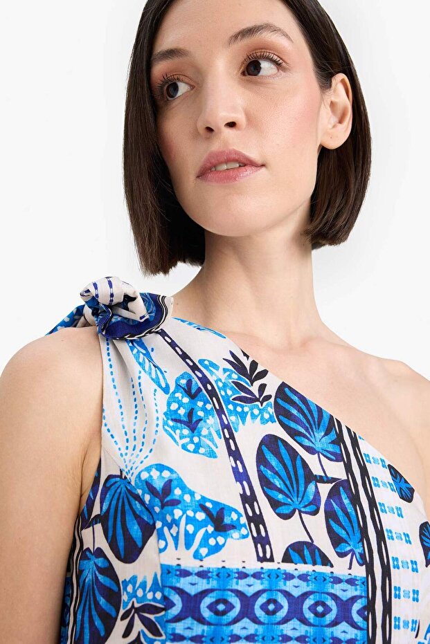 Regular Fit Tropikal Desenli Tek Omuzlu Poplin Plaj Elbisesi-Fall in Love F6296AX25HS - 4