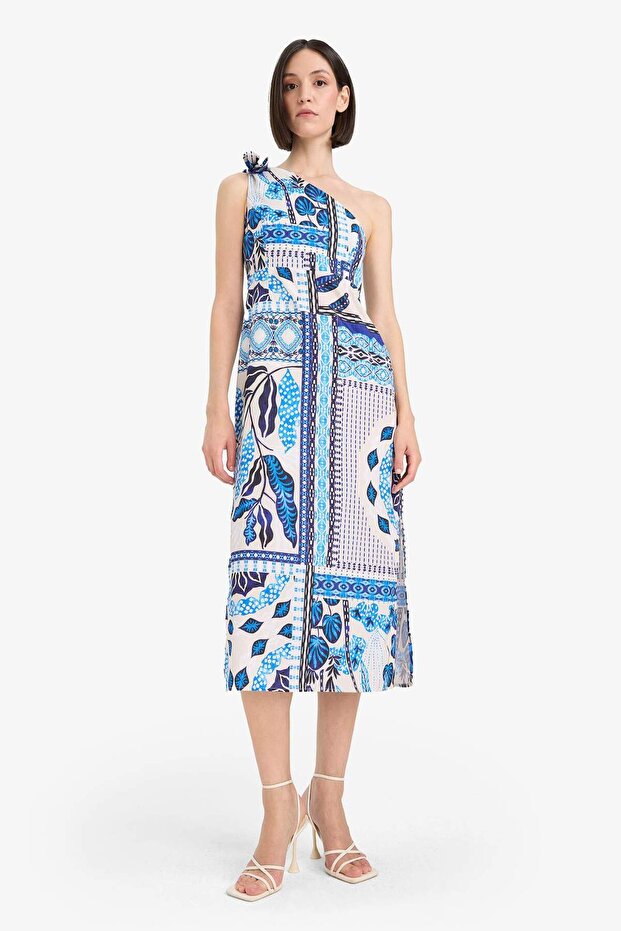 Regular Fit Tropikal Desenli Tek Omuzlu Poplin Plaj Elbisesi-Fall in Love F6296AX25HS - 1