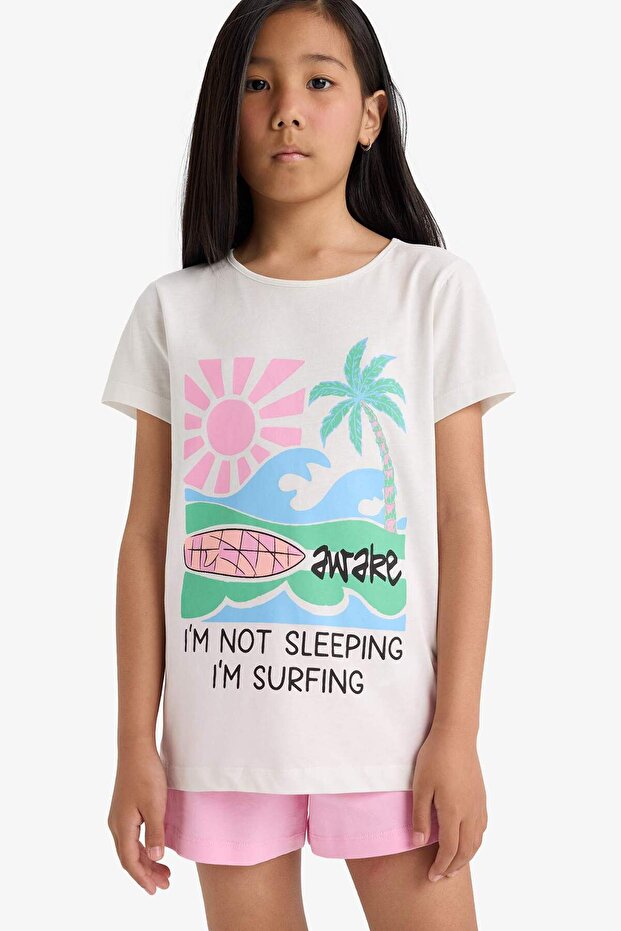 Kız Çocuk Pijama Takımı Baskılı Kısa Kollu Üst Beli Lastikli Şort E0665A825HS - 3