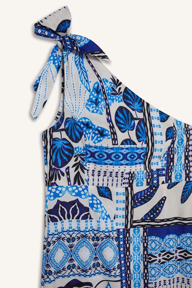 Regular Fit Tropikal Desenli Tek Omuzlu Poplin Plaj Elbisesi-Fall in Love F6296AX25HS - 8