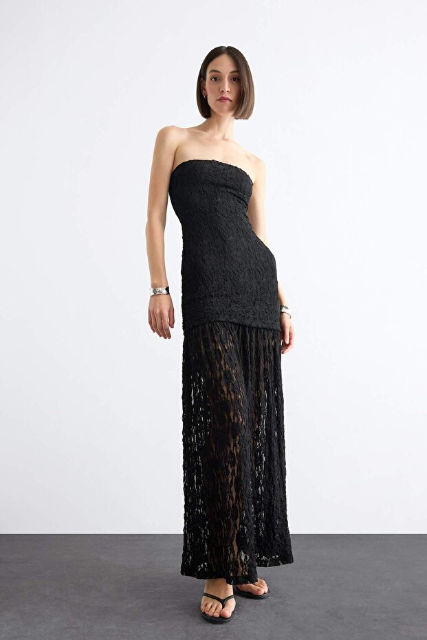 Slim Fit Close-Fitting Bodycon Lace Strapless Black Maxi Dress F8508Ax25Sm