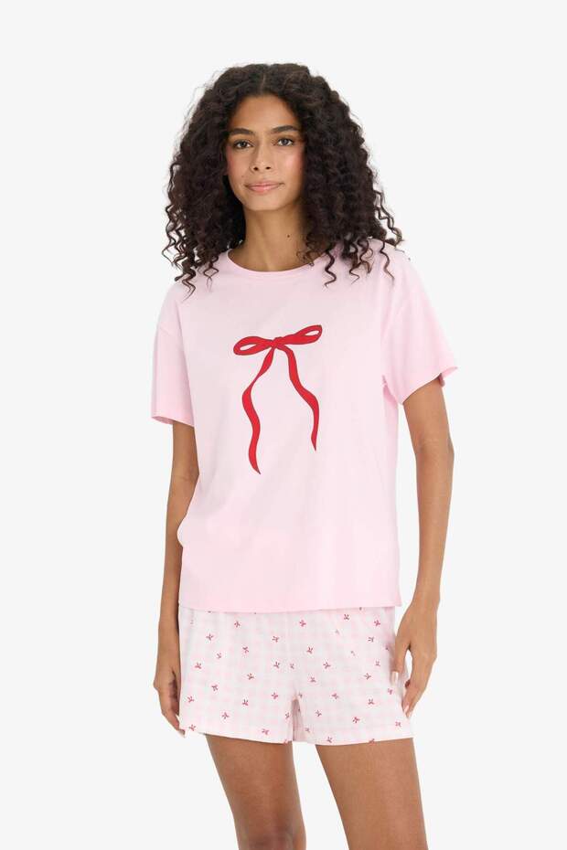 Pijama Takımı Regular Fit Baskılı Kısa Kollu Üst Şort-Fall in Love F6264AX25SM - 3