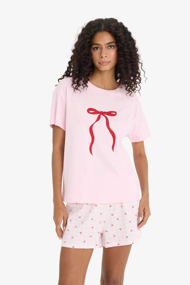 Pijama Takımı Regular Fit Baskılı Kısa Kollu Üst Şort-Fall in Love F6264AX25SM - 4