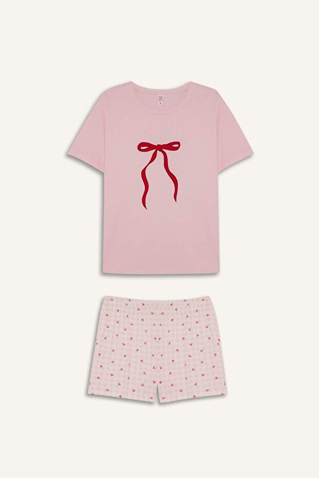 Pijama Takımı Regular Fit Baskılı Kısa Kollu Üst Şort-Fall in Love F6264AX25SM - 8