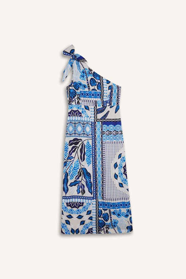 Regular Fit Tropikal Desenli Tek Omuzlu Poplin Plaj Elbisesi-Fall in Love F6296AX25HS - 7