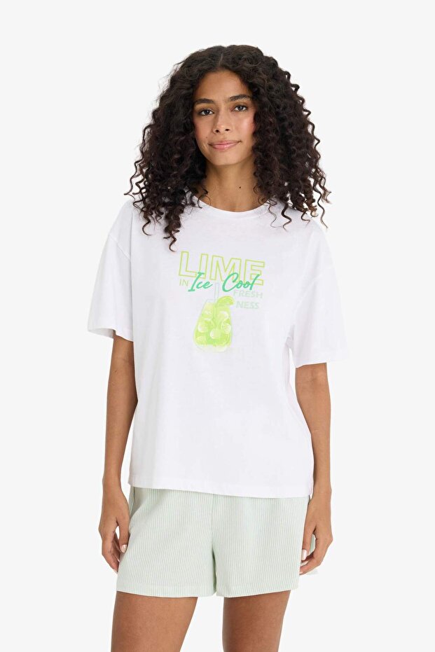 Pijama Takımı Regular Fit Baskılı Kısa Kollu Üst Şort-Fall in Love F5579AX25SM - 4