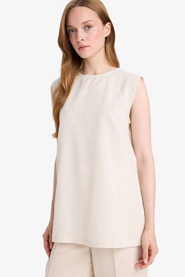 Regular Fit Bisiklet Yaka Basic Düz Keten Karışımlı Kolsuz Tunik D2953AX25SM - 4