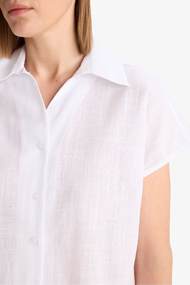 Regular Fit Flamlı Pamuk Kısa Kollu Beyaaz Gömlek E8472AX25SM - 5