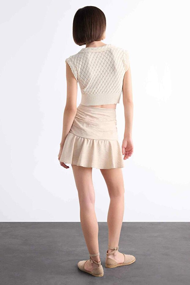 Keten Volanlı Mini Şort Etek F7456AX25SM - 8