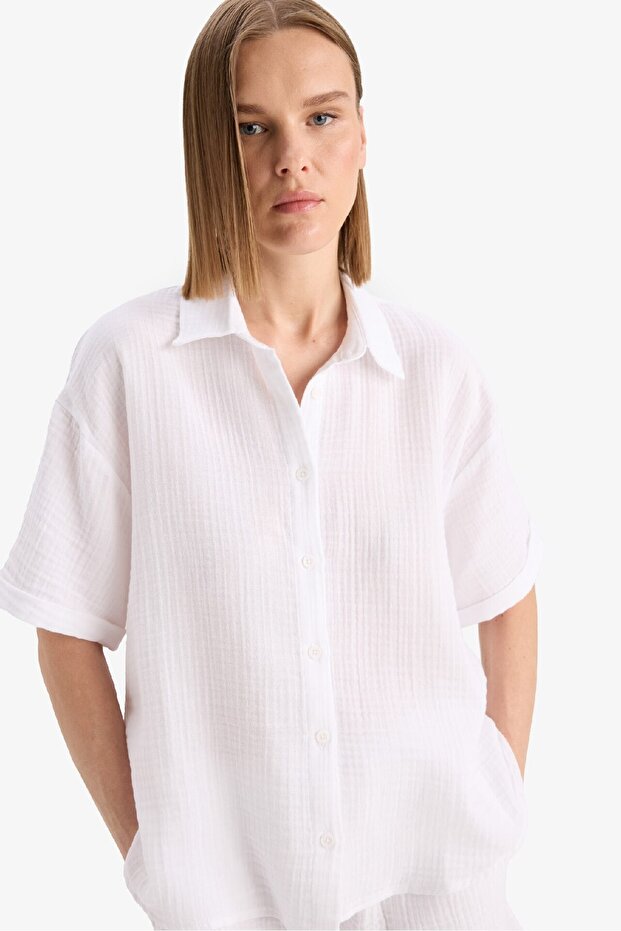 Regular Fit Müslin Kısa Kollu Kırmızı Gömlek F0884AX25SM - 1