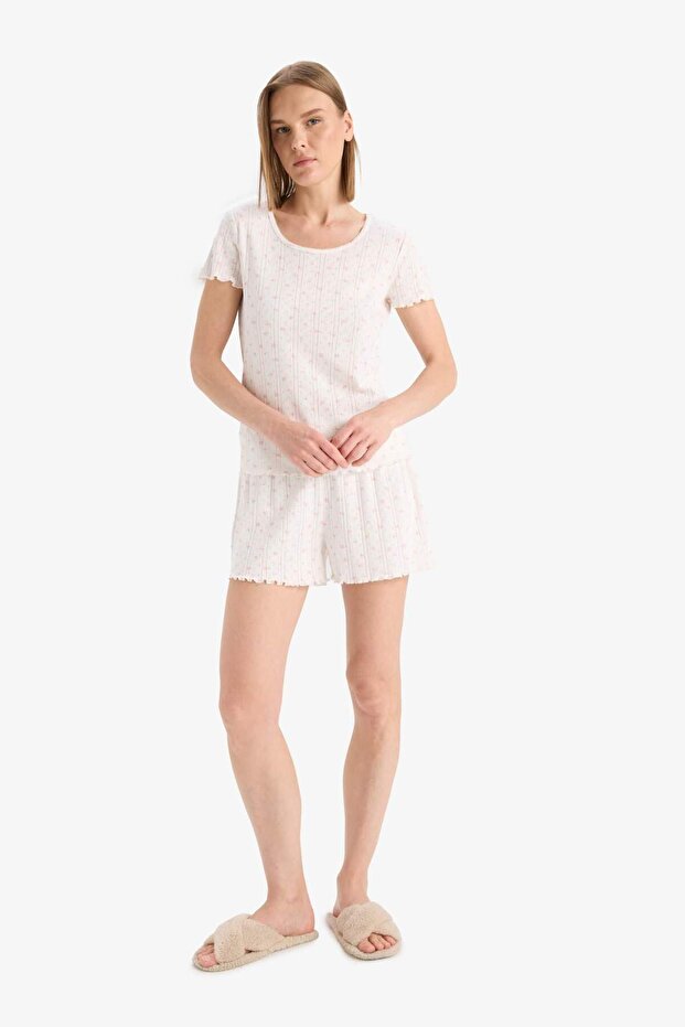 Regular Fit Pijama Takımı Kısa Kollu Üst Esnek Belli Şort-Fall in Love E4335AX25SP - 3