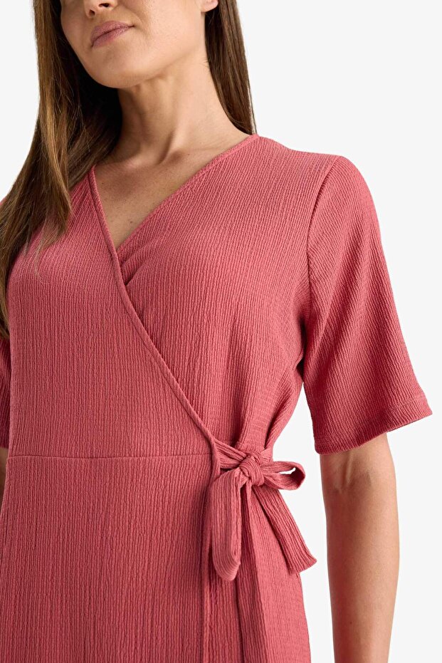 Sommerkleid mit normaler Passform, V-Ausschnitt, zweireihiger Verschluss und kurzen Ärmeln, Midi-Länge, F3913AX25HS - 5