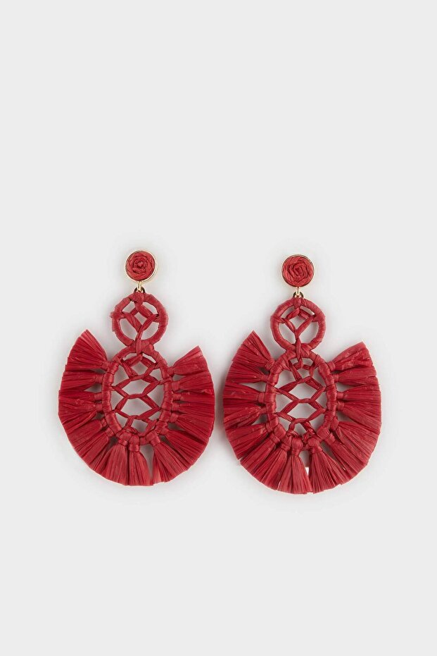 Women's Burgundy Straw Detailed Earrings F0852Axns
