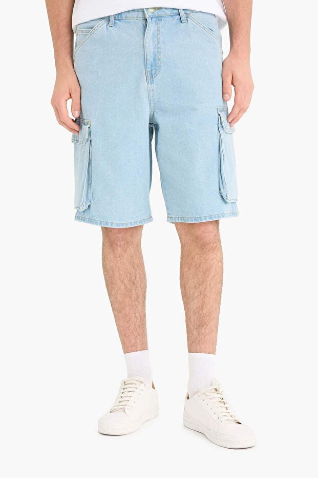 %100 Pamuk Kargo Fit Jean Bermuda Şort E1381AX25SM - 5