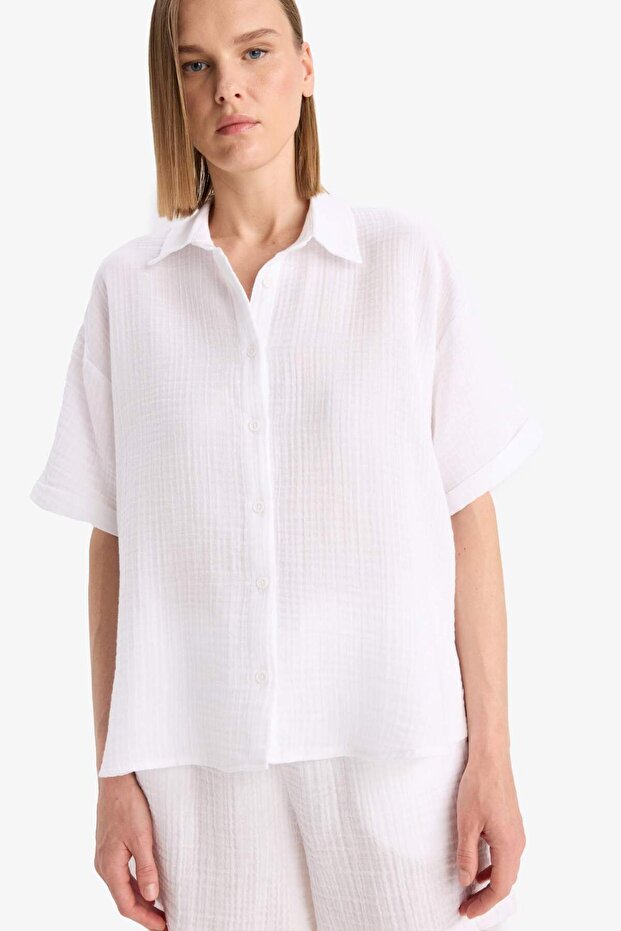Regular Fit Müslin Kısa Kollu Kırmızı Gömlek F0884AX25SM - 3