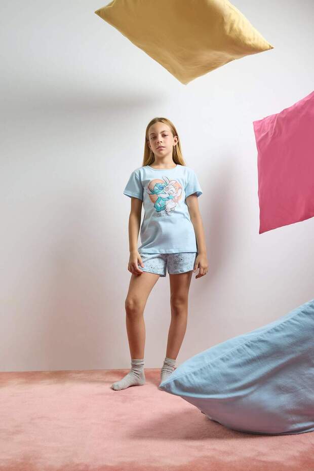 Kız Çocuk Disney Lilo & Stitch Pijama Takımı Kısa Kollu Üst Şort E6241A825SP - 2