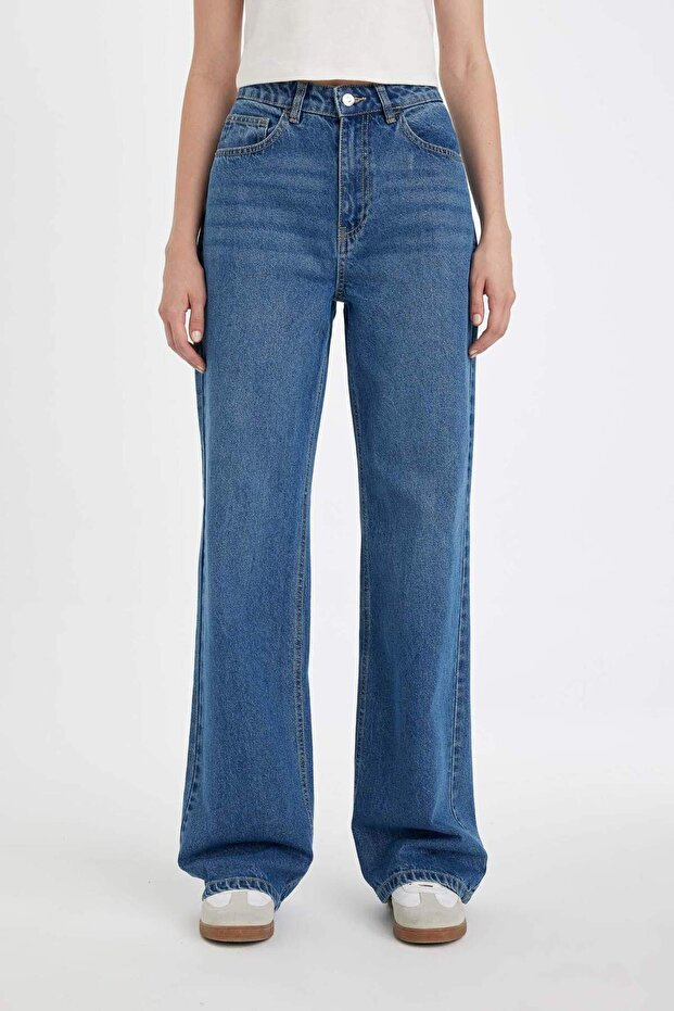 Straight Wide Yüksek Bel Düz Paça Uzun Jean Yıkamalı Pantolon D5045AX24CW - 4