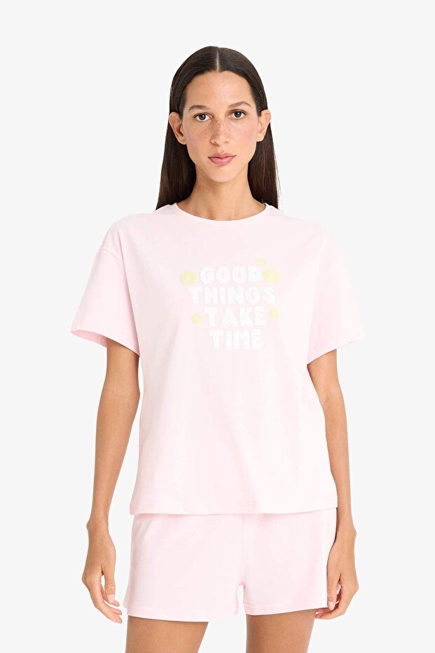 Pijama Takımı Kısa Kollu Üst Esnek Belli Şort-Fall in Love F4678AX25SM - 3