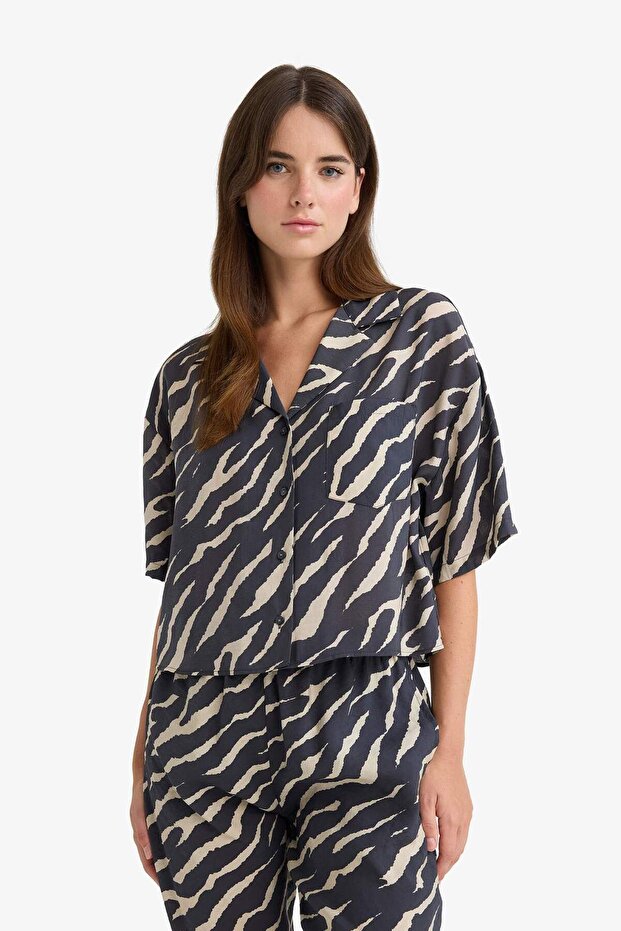 Loose Fit Zebra Desenli Modal Kısa Kollu Gömlek F0879AX25SM - 6