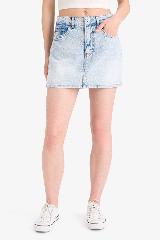 Yüksek Bel Yıkamalı Cepli Jean Şort Etek E0566AX25SM - 4