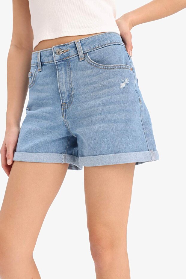 Normal Bel Yıkamalı Cepli Duble Paça Jean Şort E0701AX25SM - 5