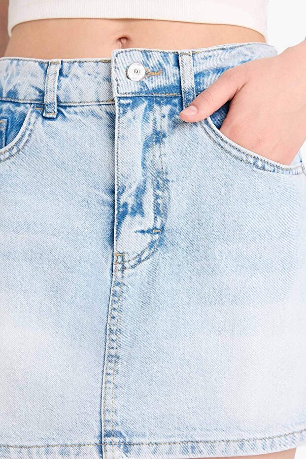Yüksek Bel Yıkamalı Cepli Jean Şort Etek E0566AX25SM - 5
