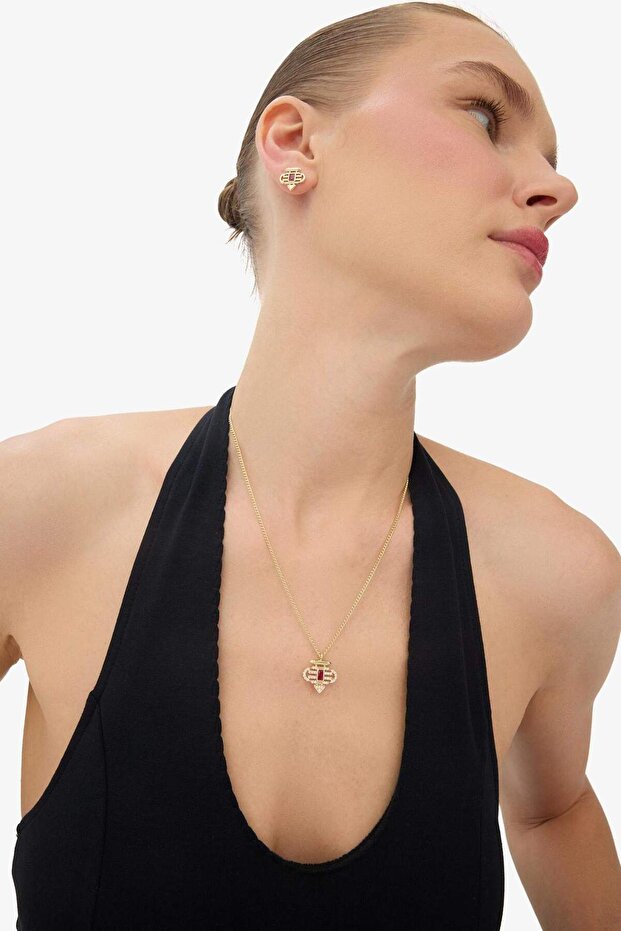 Reis x 14 Ayar Altın Kaplama Ruby Prego Kadın Mor Taşlı Gold Kolye Küpe Seti F3954AXNS - 7
