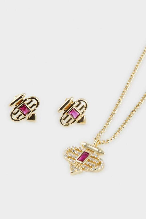 Reis x 14 Ayar Altın Kaplama Ruby Prego Kadın Mor Taşlı Gold Kolye Küpe Seti F3954AXNS - 4
